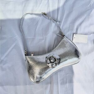 Silver Metallic Shoulder Bag with Flower